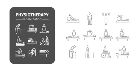Physiotherapy line icons, rehabilitation center. Physical exercise, gymnastics. Design of web graphics.