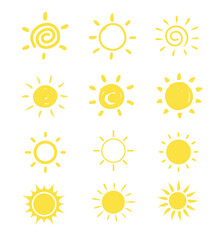 Adobe IlHand drawn Sun. Sun icon set. Doodle children drawing. Solar icon. weather sign. Vector illustration