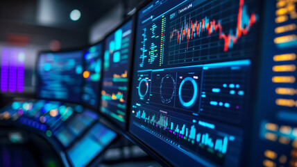 Obraz premium Advanced data visualization screens displaying analytics in a tech monitoring center at night