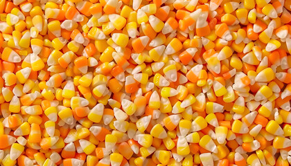 Delicious candy corns as background, top view