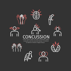 Line icons illustrating concussion symptoms and treatments, vector graphics for web use.