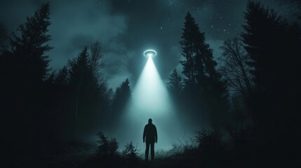 Fototapeta premium Mysterious nightscape a ufo illuminates a lone figure amid misty forest and starry sky