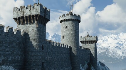 Stone castle towers overlooking snowy mountains.