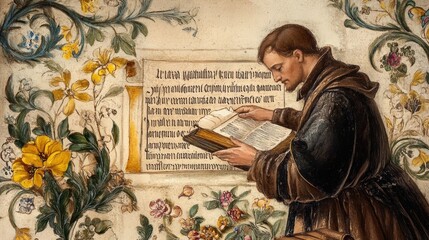 A man reads a book with floral details around him.