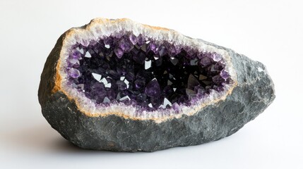 Amethyst geode with deep purple crystals inside a rough rock exterior, sparkling in the light