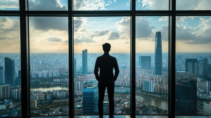 Fototapeta premium Man Standing by Large Window in Modern Office