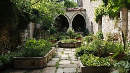 Stone courtyard with lush greenery and planters.