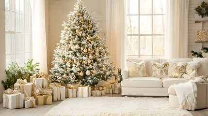 An elegant living room adorned with white and gold Christmas decorations, featuring a beautifully decorated tree, luxurious furnishings, and a warm holiday ambiance. 