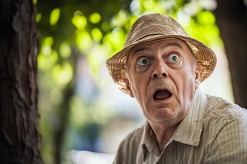 Surprised Elderly Man in a Straw Hat Caught in a Moment Outdoors