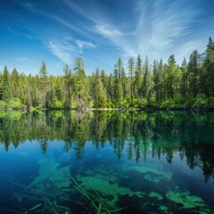 Obraz premium Reflective Crystal Lake Surrounded by Lush Forest