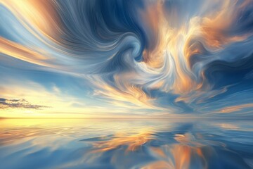 "Majestic Swirls of Sunset Clouds Over a Reflective Ocean Horizon