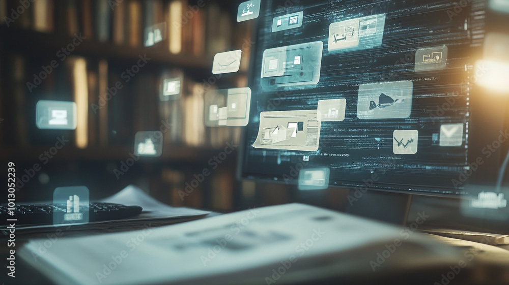 Poster virtual workspace showcasing digital communication tools in a cozy library setting