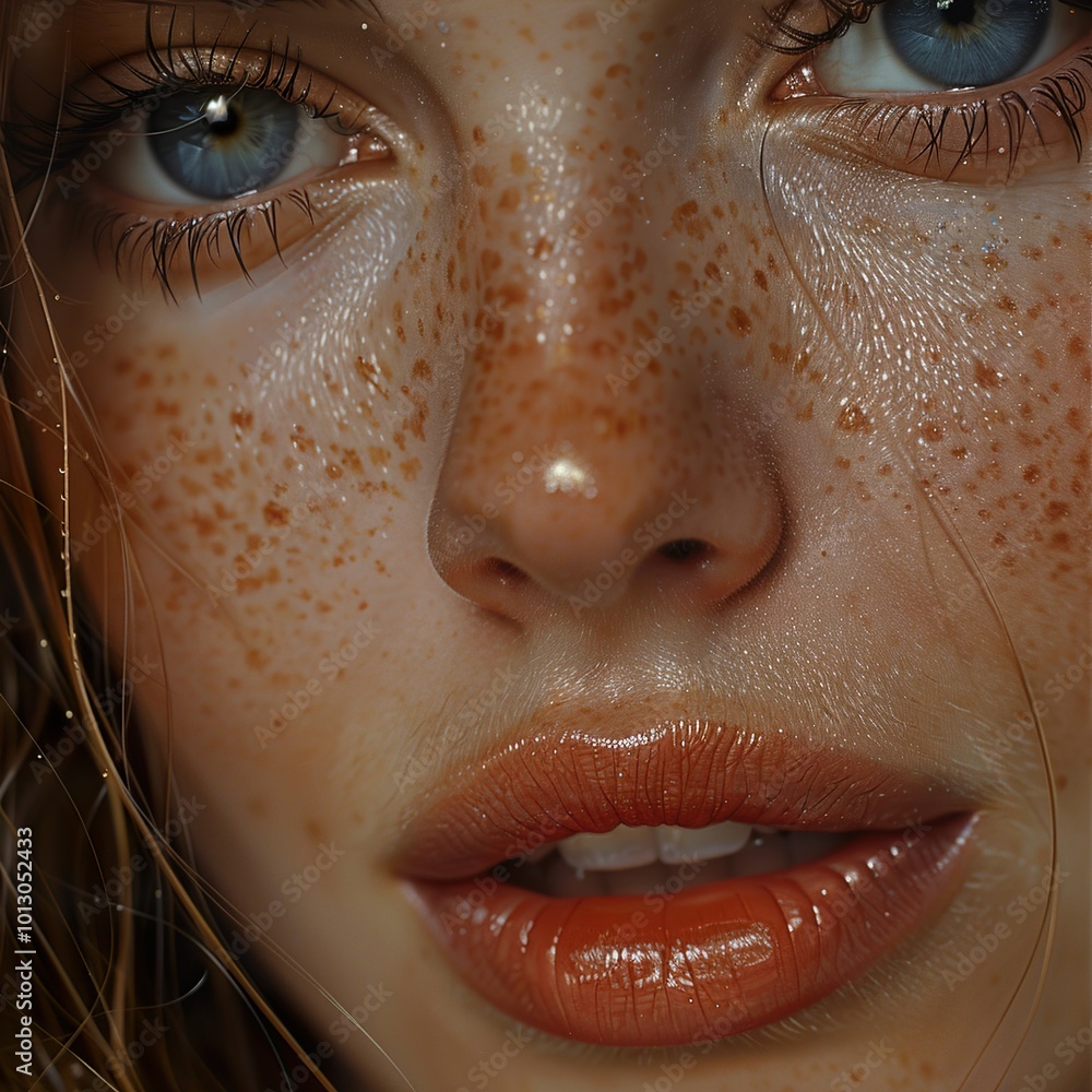 Wall mural Close-Up Portrait of a Woman with Freckles and Blue Eyes