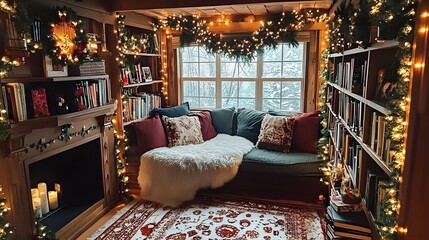 A cozy reading nook adorned with Christmas garland and soft string lights, offering a warm and inviting space for holiday relaxation. 