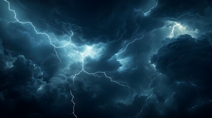 A dramatic scene of lightning bolts illuminating a dark, turbulent sky during a heavy storm, capturing the intense energy and power of extreme weather. 
