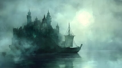 A haunting depiction of a mysterious island shrouded in fog, with hints of buried pirate treasure and an ancient curse, rendered in a captivating watercolor style that evokes an eerie atmosphere. 