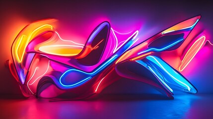 A vibrant glowing neon sign featuring an abstract design, symbolizing modern nightlife, with a dynamic color palette that embodies an energetic and stylish urban aesthetic. 