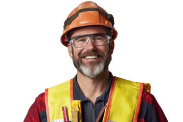 Smiling construction worker in safety gear, showcasing professionalism and confidence.