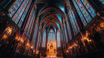 Ornate church interior with stained glass windows.