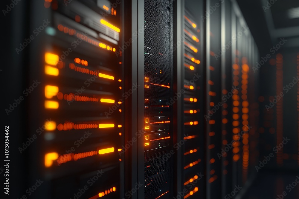 Poster datacenter with rows of server racks illustrated in 3d