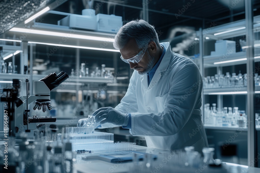 Aufkleber in a high-tech lab, a focused scientist in protective gear carefully handles test tubes and samples 
