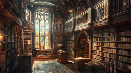 Fototapeta premium A grand, antique library with stained glass window.