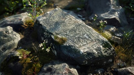 Ancient Stone Carving in a Sunlit Forest