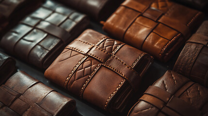 Naklejka premium Handmade leather wallets in various shades and textures, showcasing craftsmanship