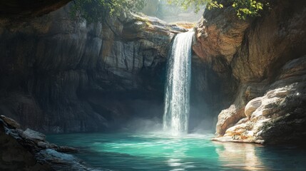 Naklejka premium An underground waterfall plunging into a pool, gradually deepening the cave over time
