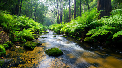 Fototapeta premium serene river flows through lush forest filled with vibrant ferns