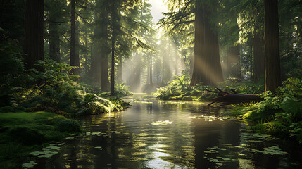 Obraz premium serene river flows through lush forest, illuminated by soft sunlight