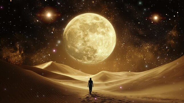 landscape silhouette of a person walking in the desert at night with a view of the night sky full of stars and a full moon. Virtual 4K video animation background with looping time lapse with very smoo