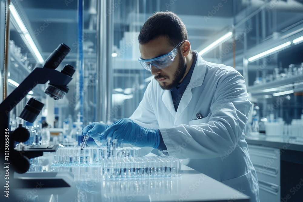 Poster the scientist focuses intently on carefully transferring samples between test tubes while ensuring l