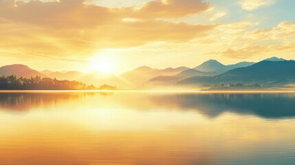 Obraz premium Serene Sunset Over Calm Lake and Mountains