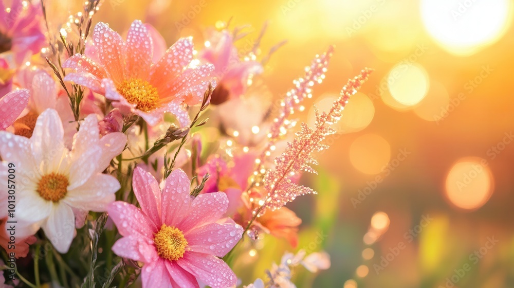 Canvas Prints A vibrant mix of blossoming flowers glistens with dew in the warm sunlight, creating a peaceful atmosphere during early evening. Generative AI