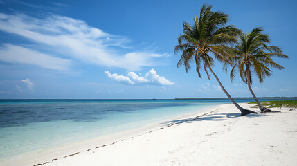 serene beach with palm trees and clear blue water invites relaxation