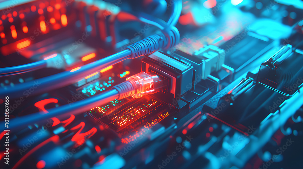 Poster closeup of an internet cable being connected the end port on one side and a network switch with blue