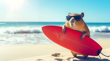 A capybara wearing a Hawaiian shirt and sunglasses. Vacation concept.
