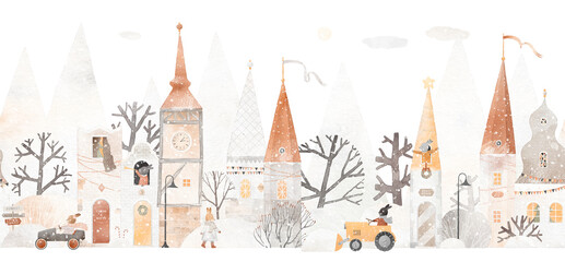 Snow-covered city. Fairy-tale houses in the winter forest. City of bunnies. Watercolor illustration for a children's room. Winter postcard. Seamless pattern. Beige colors.