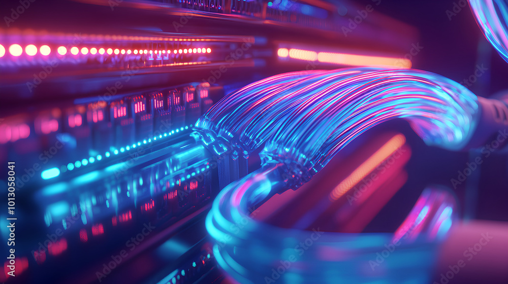 Poster closeup of an internet cable being connected the end port on one side and a network switch with blue