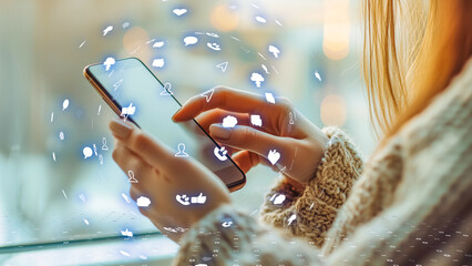 A professional using a mobile phone with digital data graphics overlay, symbolizing business technology, innovation, and real-time digital communication.