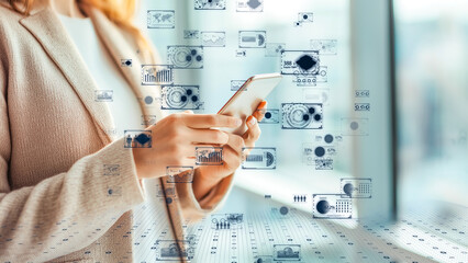 A professional using a mobile phone with digital data graphics overlay, symbolizing business technology, innovation, and real-time digital communication.