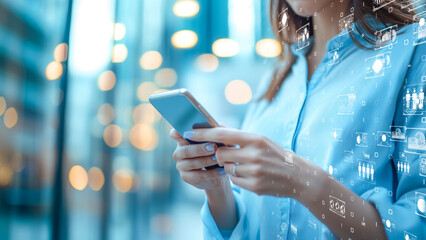 A professional using a mobile phone with digital data graphics overlay, symbolizing business technology, innovation, and real-time digital communication.
