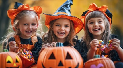 Happy kids in Halloween costumes with candy collector