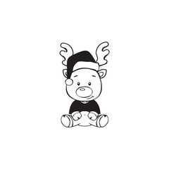 cute deer sitting in santa claus hat vector sketch. Christmas reindeer sitting vector 