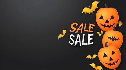 A festive Halloween-themed sale advertisement featuring jack-o'-lanterns and bats against a dark background.