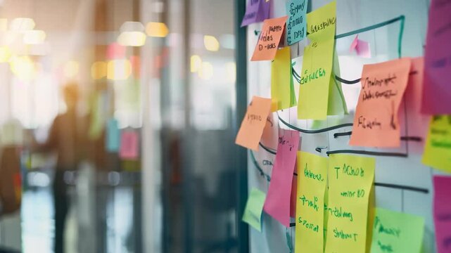 Colorful office brainstorming session with sticky notes on glass wall
