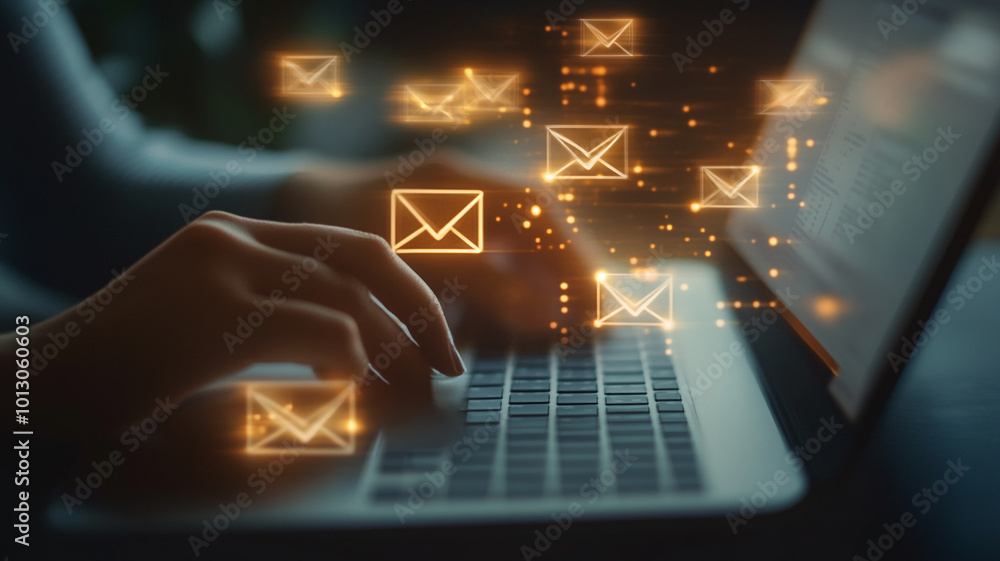 Aufkleber person working on a laptop while receiving multiple email notifications in a cozy workspace
