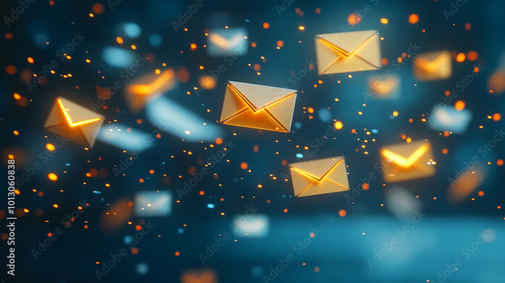 Poster floating golden envelopes surrounded by sparkling particles in a dark digital environment