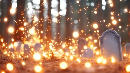 A mystical scene of glowing orbs in a forest graveyard, enhancing the ethereal atmosphere around the gravestones.
